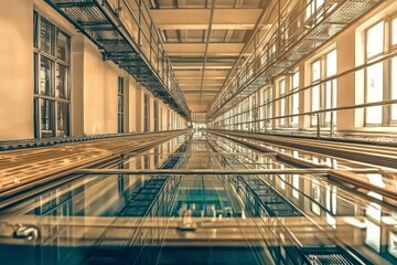 A Reflective View of a Long Corridor with Windows and a Metal Railing