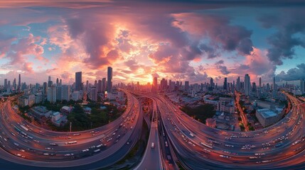 A breathtaking spherical HDri panorama showcasing the intricate network of the Bangkok expressway at sunset. The vibrant city skyline, dense traffic flow, and dramatic clouds create a captivating vis