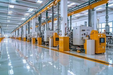 Industrial Factory Interior with Machinery and Overhead Cranes