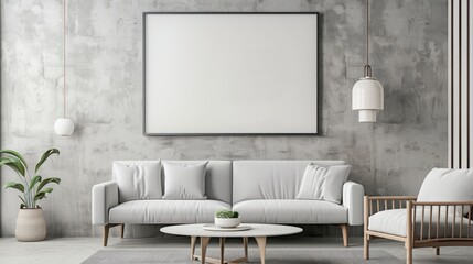 Minimalist living room with a white couch, a coffee table and a large framed canvas on the wall.