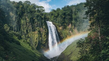Majestic waterfall with a rainbow over lush tropical greenery