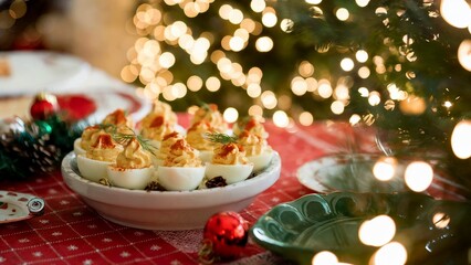 Deviled eggs, christmas dinner, festive decorations, holiday feast, homemade meal, new year celebration, heartwarming dish
