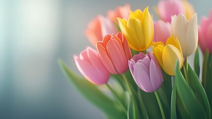 Fototapeta premium A close-up of vivid tulips in a vase, with a blurred backdrop