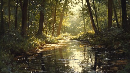 Obraz premium A serene forest scene featuring a narrow, gently flowing creek. Sunlight filters through the tall trees, casting dappled patterns on the water's surface. The lush, green foliage surrounding the water 
