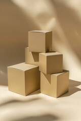 Stacked brown boxes on a soft beige backdrop