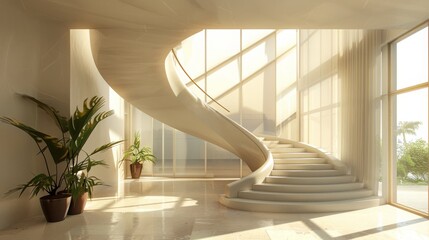 A modern, white spiral staircase bathed in sunlight with two potted plants in the foreground.