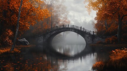 A tranquil scene featuring a rustic stone bridge arching over a still body of water, surrounded by vibrant autumn foliage. The landscape is shrouded in mist, creating a soft, ethereal atmosphere. Tree