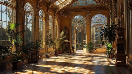 Fototapeta premium The image showcases an elegant sunlit room characterized by large, arched windows that allow an abundance of natural light to flood the space. The architectural details are rich and ornate, featuring 