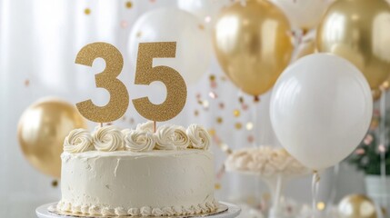 Celebration of 35th Anniversary with Elegant White Cake and Golden Balloons