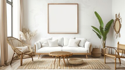 A white sofa with a wooden frame sits in a living room with a wicker chair and a large plant.