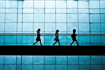 Three Silhouettes of People Walking on a Glass-Covered Walkway
