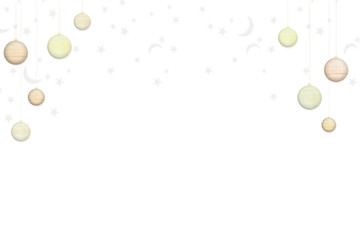 カラフルな丸い木製の球体のオーナメントが両サイドに飾られた月と星柄の背景