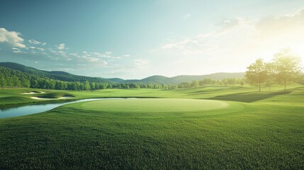 Naklejka premium A tranquil outdoor golf course with a well-maintained green and water hazard, surrounded by rolling hills and clear blue skies, late afternoon light adding a peaceful touch