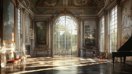 Fototapeta premium A grand and elegantly decorated room showcases luxurious architectural details. The large windows allow natural light to flood the space, creating intricate shadows on the polished marble floor. The w