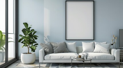 A modern living room with a white sofa and a large plant in a white pot.