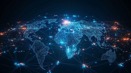 Obraz premium A digital representation of the world with connecting lines and glowing dots.