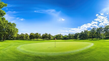 A tranquil outdoor golf putting green with a well-maintained surface and neatly arranged flags, surrounded by manicured lawns and a bright blue sky, early afternoon light creating a serene ambiance