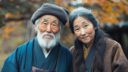 Fototapeta premium Elderly japanese couple outdoors in autumn