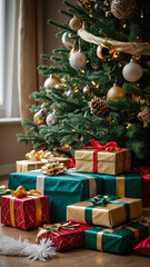Christmas Tree with Presents Underneath in Cozy Holiday Setting
