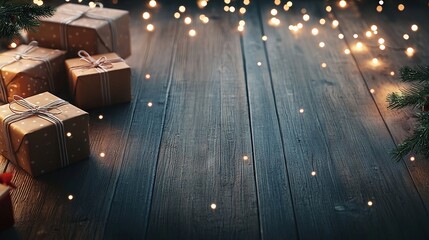   A set of gift-wrapped presents resting on a wooden floor beside a lit Christmas tree