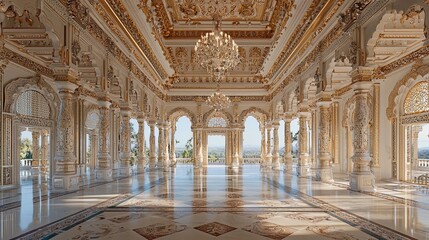 Obraz premium A magnificent interior of a large, opulent hall featuring intricate architectural details and lavish decor. The space is adorned with ornate moldings, grand chandeliers hanging from a decorated ceilin