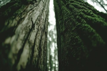 Two Tree Trunks, One with Moss, the Other with Rough Bark