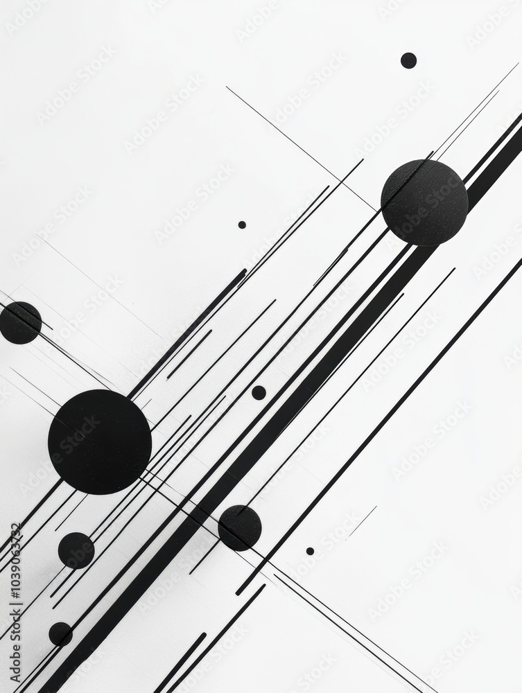 Aufkleber Black diagonal lines cross different-sized circles on a light background, creating a striking minimalistic design for modern art. Generative AI