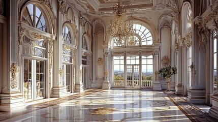 Fototapeta premium A grand and lavish interior space, characterized by high ceilings and ornate architectural details. The room features large arched windows that allow natural light to flood in, enhancing the elegance 