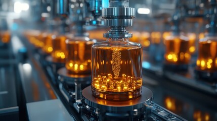 an automated production line manufacturing glossy luxury cosmetic packaging filled with amber liquid in a spotlessly clean and modern factory. generative AI