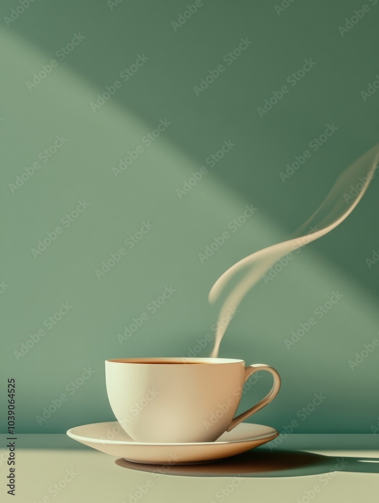 Poster a white tea cup emits smooth, curving steam while resting on a saucer, surrounded by a subtle, seren