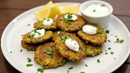 Crispy green vegetable fritters served with yogurt sauce and lemon wedges for a delicious appetizer