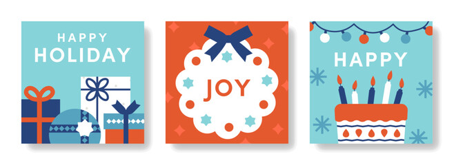 クリスマスのポップなグリーティングカードセット ( ベクター カラフル ホリデー かわいい 背景素材 クリスマスリース ギフト ケーキ )