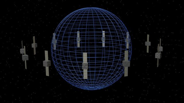 Cubesats orbiting planet. Cubesats, nanosatellites circling around planetary body.  3d animation rendering