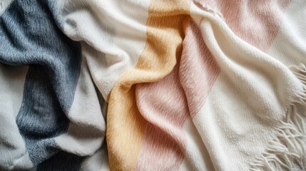 Fototapeta premium Cozy Blanket with Horizontal Stripes in Neutral Tones of Gray, Beige, and Cream