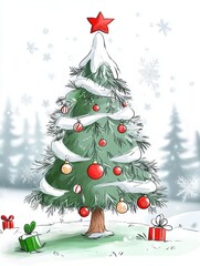 Obraz premium artoon Christmas tree with decorations, presents, and a star on top, celebrating holiday cheer.