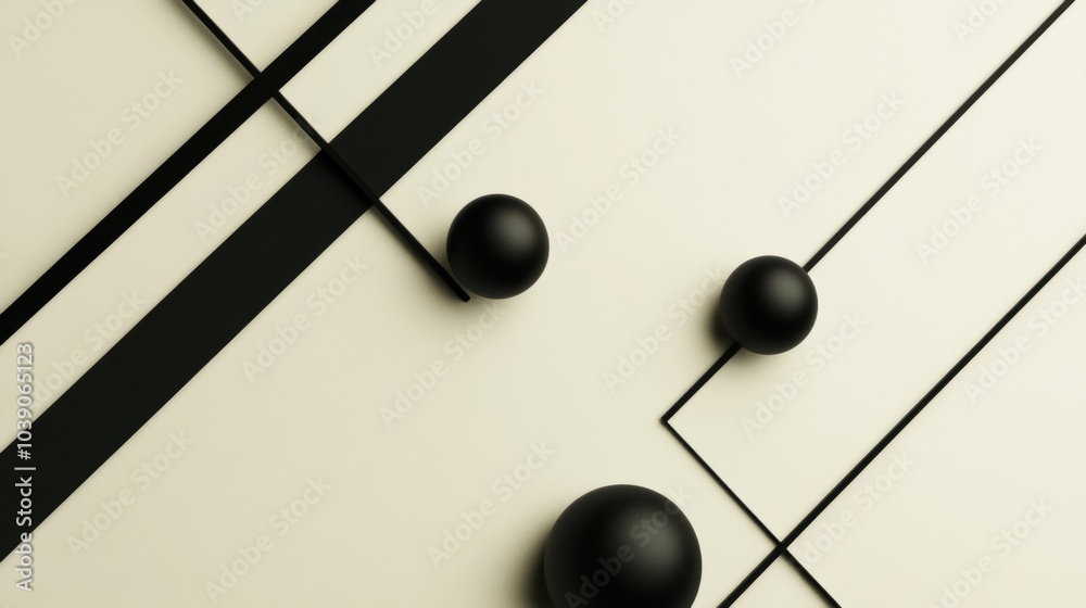 Aufkleber Black diagonal lines intersect with circles of different sizes on a light background, creating a modern, abstract look. Generative AI