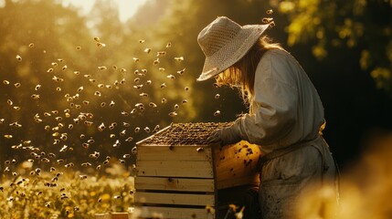 Beekeeper in protective suit in the apiary collects honey in open nature at sunset with space for text
