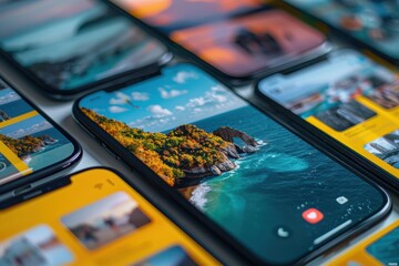 Close-up of multiple smartphones displaying vibrant beach and ocean scenes, showcasing digital travel content.
