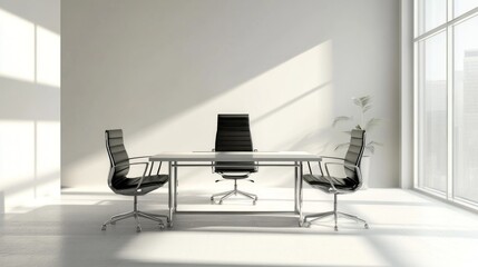 A white room with a glass table and black chairs. Sunlight streams in