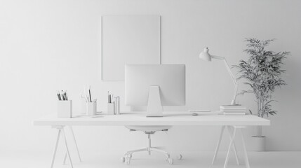 A white room with a white desk, computer monitor, lamp, and plants. Empty picture frames
