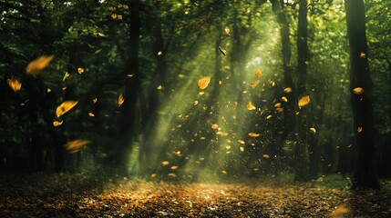 A serene forest scene captures the beauty of autumn as leaves gracefully float through the air, illuminated by soft rays of sunlight filtering through the canopy. The ground is covered in a blanket of