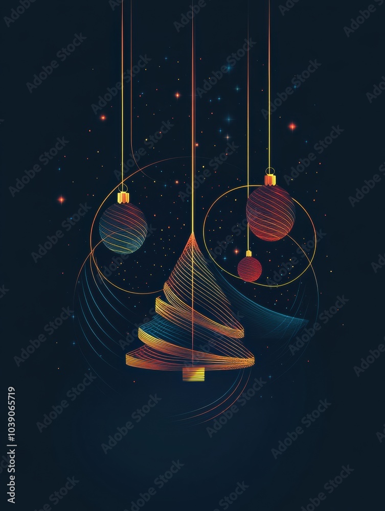 Poster A minimalist design featuring glowing Christmas trees and ornaments illuminated against a dark backdrop, creating a festive atmosphere. Generative AI