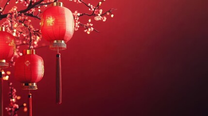 Vibrant Chinese New Year Celebration with Red Lanterns and Blossoms