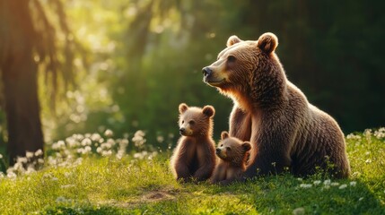 Obraz premium Brown bear family, mother with cubs playing in green meadow, wildlife with space for text or inscriptions close up