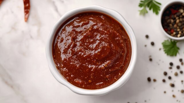 Bowl of tasty chipotle sauce and spices on marble light background top view with space for text or inscriptions
