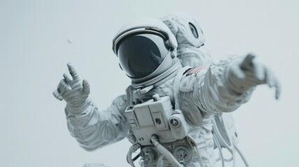 Astronaut in Space Suit Pointing Towards Viewer on Neutral Backdrop