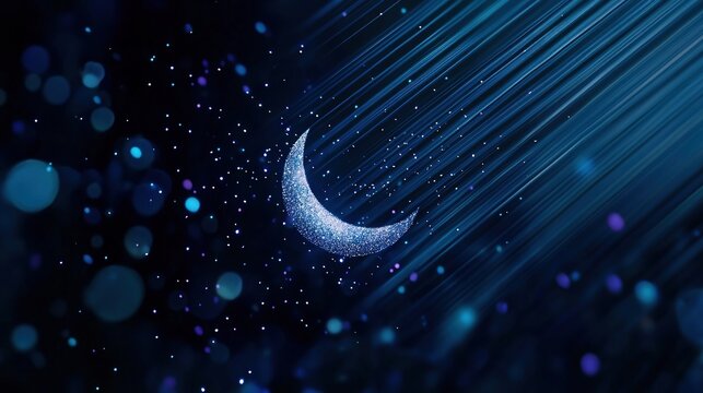   A crescent moon in the star-filled night sky with rain falling on both the moon and background