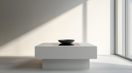 A white coffee table with a dark bowl on top, in a light room with a window