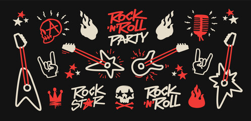 Rock Music Doodle icons collection for Rock Party and apparel print design.  Rock n Roll pattern element set of rockers guitar, skull, fire or flame, microphone, crown etc. Punk Rock icons collection