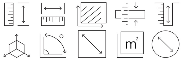 Set of outlined length, weight and volume icon collection. Scalability or scalable symbol. Size, resize icons. Vector Illustration.